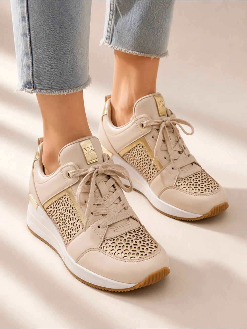 Michael Kors • Georgie Perforated Trainer - Blush Beige, Gold, White -Size 8-1/2